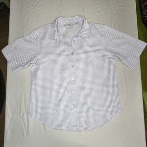 Vintage Cotton Bedford Fair Button Up Short Sleeve Top Lilac and White Plaid
